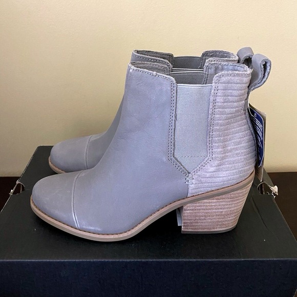 Toms Shoes - TOMS Marina Grey Leather Cap Toe Ribbed Block Heel Ankle Boots Womens
